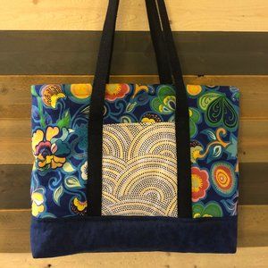 Flowers and Dots Tote Bag, Handmade, Blue and Yellow, 16" X 12" X 2.5"